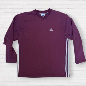ADIDAS Vintage 90s Maroon Burgundy Red V Neck Terry Tunic Sweatshirt Stripes M